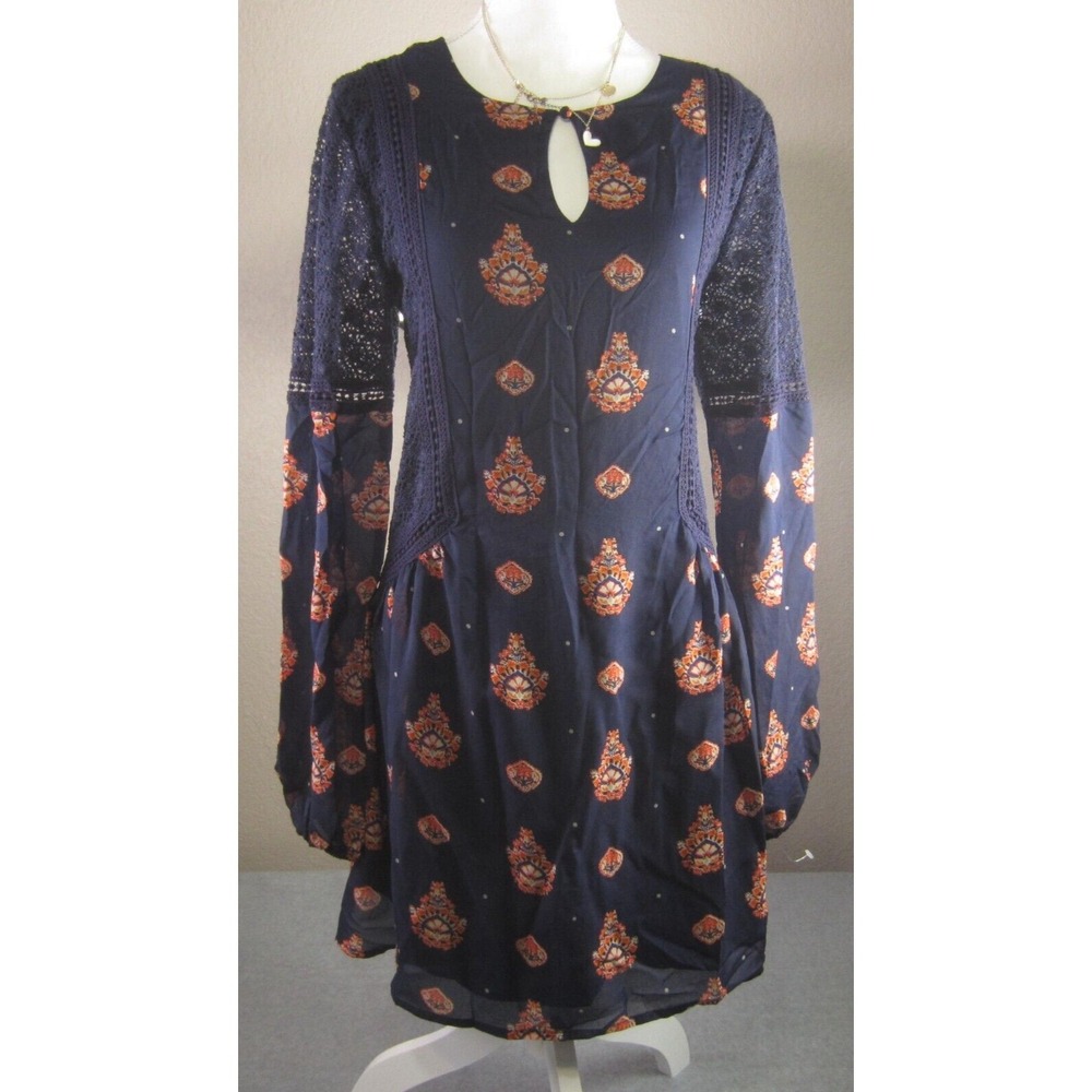 Miss Me Women's M Dress Blue Lace Boho Western Tunic Long Sleeve Peasant Cowgirl